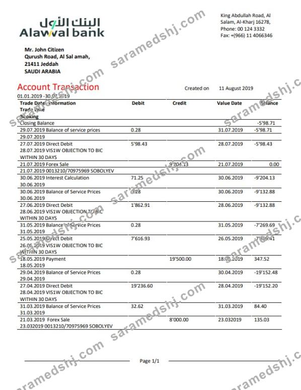 Saudi Arabia Alawwal Bank statement